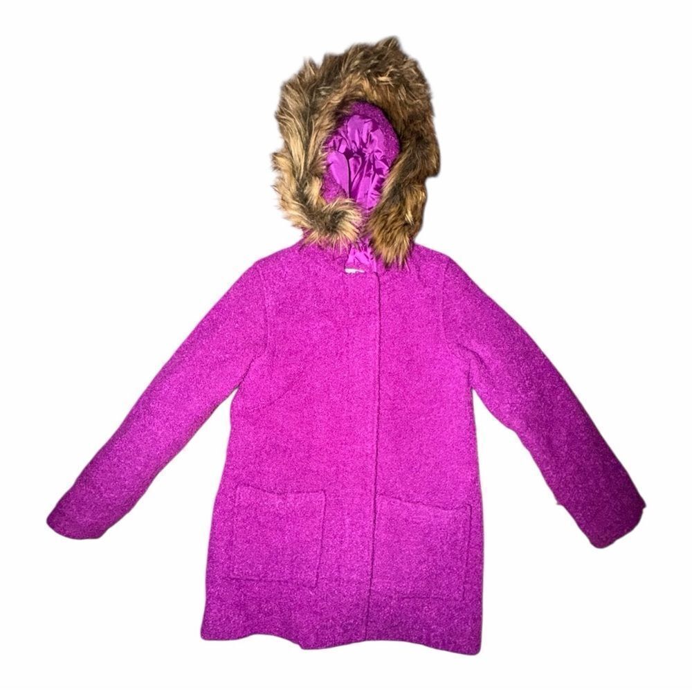 Cat & Jack Girls Magenta Bouclé Jacket Hooded Removable Faux Fur 10/12 EUC